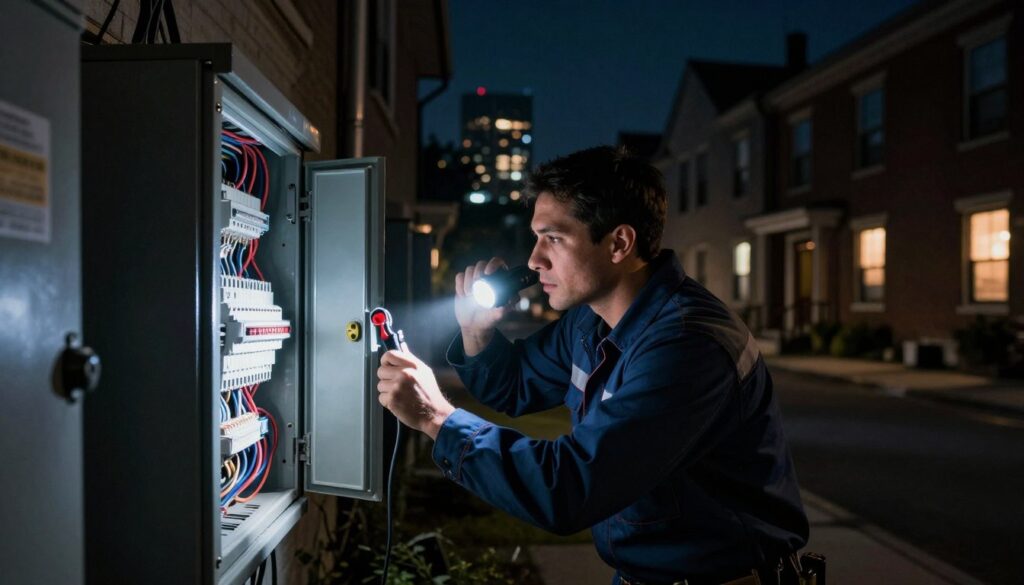 A Brooklyn Pretoria electrician, in professional attire, is urgently addressing an emergency power outage. In the foreground, the electrician is shown inspecting a dimly lit electrical panel with tools in hand, displaying focus and determination. The middle ground features darkened residential buildings, highlighting the urgency of the situation. In the background, faint outlines of city lights can be seen, creating a stark contrast against the darkness. The scene is illuminated by the soft glow of a flashlight, emphasizing the electrician's careful work. The atmosphere is tense yet hopeful, conveying a sense of urgency and professionalism in resolving electrical issues swiftly. Use a wide-angle lens perspective to capture the scene dynamically, and ensure the lighting sets a dramatic, urgent mood. A Brooklyn Pretoria electrician, in professional attire, is urgently addressing an emergency power outage. In the foreground, the electrician is shown inspecting a dimly lit electrical panel with tools in hand, displaying focus and determination. The middle ground features darkened residential buildings, highlighting the urgency of the situation. In the background, faint outlines of city lights can be seen, creating a stark contrast against the darkness. The scene is illuminated by the soft glow of a flashlight, emphasizing the electrician's careful work. The atmosphere is tense yet hopeful, conveying a sense of urgency and professionalism in resolving electrical issues swiftly. Use a wide-angle lens perspective to capture the scene dynamically, and ensure the lighting sets a dramatic, urgent mood.