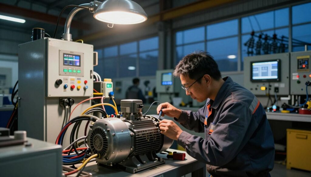 A bustling industrial workshop scene depicting 24/7 emergency repairs for electrical systems. In the foreground, a skilled technician in professional work attire is intently troubleshooting a complex industrial motor, surrounded by cables and tools. The middle ground features an array of machinery and control panels, with bright overhead lights illuminating the sleek metallic surfaces, casting soft shadows. In the background, large windows reveal the dim twilight of Pretoria outside, emphasizing the urgency of nighttime operations. The atmosphere is focused and energetic, with hints of blue and orange lighting to convey a sense of high-tech engineering and reliability. The composition is dynamic, with a slight low-angle perspective to emphasize the technician's expertise and the importance of the task at hand. A bustling industrial workshop scene depicting 24/7 emergency repairs for electrical systems. In the foreground, a skilled technician in professional work attire is intently troubleshooting a complex industrial motor, surrounded by cables and tools. The middle ground features an array of machinery and control panels, with bright overhead lights illuminating the sleek metallic surfaces, casting soft shadows. In the background, large windows reveal the dim twilight of Pretoria outside, emphasizing the urgency of nighttime operations. The atmosphere is focused and energetic, with hints of blue and orange lighting to convey a sense of high-tech engineering and reliability. The composition is dynamic, with a slight low-angle perspective to emphasize the technician's expertise and the importance of the task at hand.