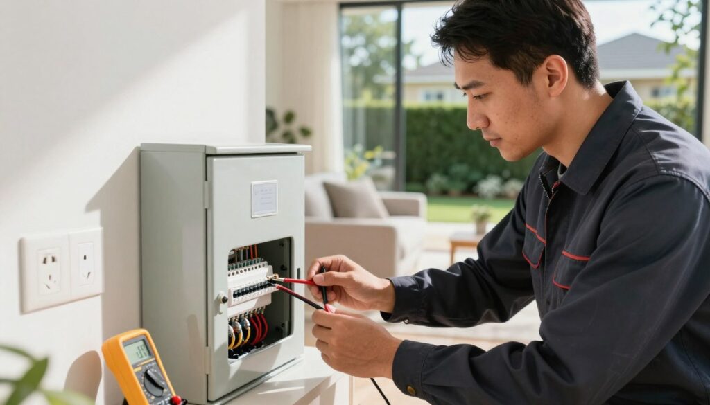 A busy electrician in a sleek uniform adjusting a modern electrical panel in a well-lit residential setting, with tools like a multimeter and wire cutters neatly arranged nearby. The foreground features close-up details of the electrician's focused expression and hands at work, symbolizing expertise and reliability. In the middle, a clean, contemporary living room with visible electrical outlets and safety features underscores the importance of electrical service. In the background, a well-maintained suburban home with lush greenery creates a welcoming atmosphere, hinting at the peaceful environment of Pretoria and its suburbs. Bright, natural lighting casts soft shadows, adding warmth to the scene, while an inviting, professional mood prevails. A busy electrician in a sleek uniform adjusting a modern electrical panel in a well-lit residential setting, with tools like a multimeter and wire cutters neatly arranged nearby. The foreground features close-up details of the electrician's focused expression and hands at work, symbolizing expertise and reliability. In the middle, a clean, contemporary living room with visible electrical outlets and safety features underscores the importance of electrical service. In the background, a well-maintained suburban home with lush greenery creates a welcoming atmosphere, hinting at the peaceful environment of Pretoria and its suburbs. Bright, natural lighting casts soft shadows, adding warmth to the scene, while an inviting, professional mood prevails.