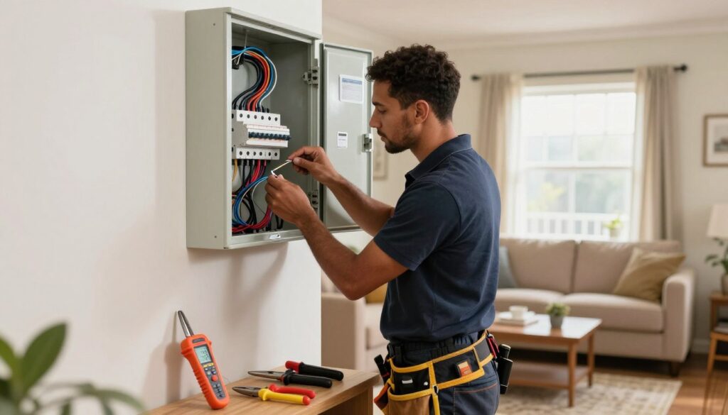 A busy electrician in a well-lit home setting, wearing a smart tool belt and professional attire, is focused on installing wiring in a wall. In the foreground, tools like a voltage tester and wire cutters are neatly arranged. The middle ground showcases the electrician working on an open electrical panel, with colorful wires and circuit breakers visible. In the background, a cozy living room is partially visible, illuminated by natural light streaming through a window. Warm, inviting tones create a reassuring atmosphere, emphasizing trust and professionalism in electrical work. The scene captures the essence of reliable service in Pretoria, South Africa, with attention to detail on safety and craft. A busy electrician in a well-lit home setting, wearing a smart tool belt and professional attire, is focused on installing wiring in a wall. In the foreground, tools like a voltage tester and wire cutters are neatly arranged. The middle ground showcases the electrician working on an open electrical panel, with colorful wires and circuit breakers visible. In the background, a cozy living room is partially visible, illuminated by natural light streaming through a window. Warm, inviting tones create a reassuring atmosphere, emphasizing trust and professionalism in electrical work. The scene captures the essence of reliable service in Pretoria, South Africa, with attention to detail on safety and craft.