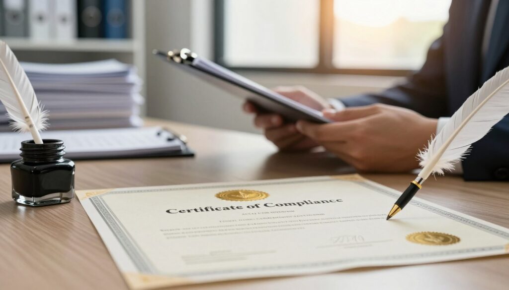 A close-up of a "Certificate of Compliance" prominently displayed on a desk, carefully designed with a formal layout featuring a golden seal and elegant borders. The foreground includes a quill pen and an inkpot beside the certificate, symbolizing professionalism. In the middle ground, a pair of hands in business attire can be seen holding a clipboard, suggesting an inspection process. The background shows a softly blurred office environment, with safety compliance documents neatly stacked on a shelf, and a window allowing warm afternoon light to filter in, creating a sense of diligence and trust. The atmosphere is calm and professional, emphasizing the importance of compliance and safety standards in property management. A close-up of a "Certificate of Compliance" prominently displayed on a desk, carefully designed with a formal layout featuring a golden seal and elegant borders. The foreground includes a quill pen and an inkpot beside the certificate, symbolizing professionalism. In the middle ground, a pair of hands in business attire can be seen holding a clipboard, suggesting an inspection process. The background shows a softly blurred office environment, with safety compliance documents neatly stacked on a shelf, and a window allowing warm afternoon light to filter in, creating a sense of diligence and trust. The atmosphere is calm and professional, emphasizing the importance of compliance and safety standards in property management.