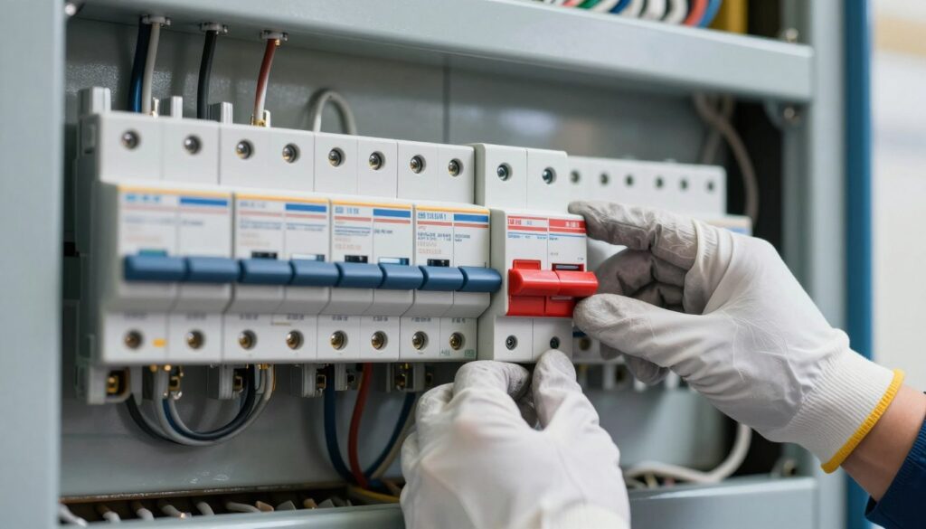 A close-up view of a well-organized electrical inspection board showing various circuit breakers and safety switches, highlighting a red safety switch that stands out among the others. In the foreground, a pair of clean, gloved hands adjusting a panel, emphasizing safety. The middle ground features a detailed layout of wires and connections, with clear labels for each component. The background is softly blurred to keep the focus on the board, with soft natural lighting illuminating the scene, creating an atmosphere of professionalism and care. The image should reflect a sense of urgency and importance in ensuring electrical safety. A close-up view of a well-organized electrical inspection board showing various circuit breakers and safety switches, highlighting a red safety switch that stands out among the others. In the foreground, a pair of clean, gloved hands adjusting a panel, emphasizing safety. The middle ground features a detailed layout of wires and connections, with clear labels for each component. The background is softly blurred to keep the focus on the board, with soft natural lighting illuminating the scene, creating an atmosphere of professionalism and care. The image should reflect a sense of urgency and importance in ensuring electrical safety.