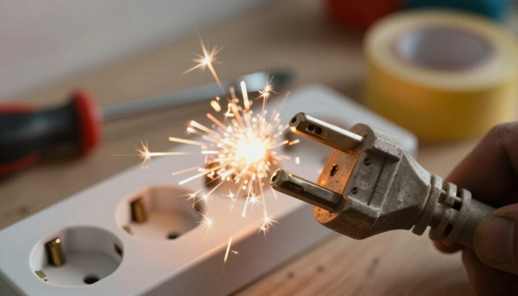 A close-up view of an electrical plug with a small, bright spark actively emerging from the connection point, emphasizing the moment of contact. The foreground features the plug, detailed with wear and grime to suggest age and use, while showcasing sparks radiating in bright oranges and yellows. In the middle ground, the socket is partially visible, along with contextually related tools like a screwdriver and electrical tape hinting at maintenance work. The background fades into a blurred workshop environment, illuminated by warm light to convey a sense of safety and focused attention. The overall atmosphere should feel tense yet controlled, emphasizing the importance of proactive electrical maintenance to prevent hazards. High dynamic range lighting highlights the sparks while casting gentle shadows. A close-up view of an electrical plug with a small, bright spark actively emerging from the connection point, emphasizing the moment of contact. The foreground features the plug, detailed with wear and grime to suggest age and use, while showcasing sparks radiating in bright oranges and yellows. In the middle ground, the socket is partially visible, along with contextually related tools like a screwdriver and electrical tape hinting at maintenance work. The background fades into a blurred workshop environment, illuminated by warm light to convey a sense of safety and focused attention. The overall atmosphere should feel tense yet controlled, emphasizing the importance of proactive electrical maintenance to prevent hazards. High dynamic range lighting highlights the sparks while casting gentle shadows.