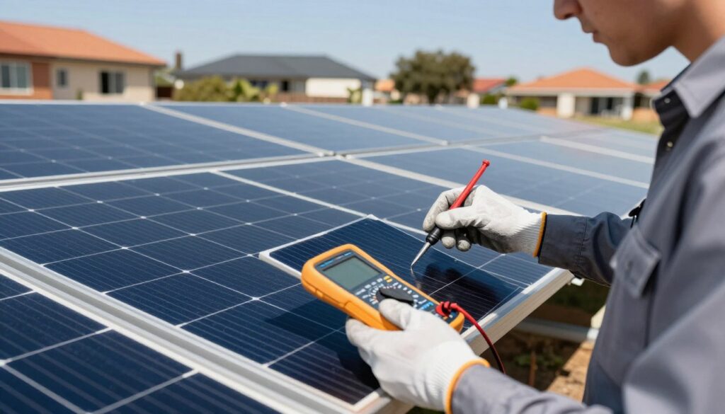 A close-up view of high-quality solar panel components being inspected by a technician in professional attire. The technician is wearing safety gloves and holding a solar cell with precision, while a multimeter is displayed nearby, emphasizing careful analysis. In the middle ground, neatly arranged solar panels can be seen, showcasing their sleek design and robust build, reflecting sunlight under a clear blue sky. In the background, a suburban neighborhood in Pretoria, with modern houses and trees, provides context to the installation environment. The lighting is bright and natural, with soft shadows enhancing the details. The scene conveys a mood of trust and reliability, highlighting the commitment to quality and support in solar energy solutions. A close-up view of high-quality solar panel components being inspected by a technician in professional attire. The technician is wearing safety gloves and holding a solar cell with precision, while a multimeter is displayed nearby, emphasizing careful analysis. In the middle ground, neatly arranged solar panels can be seen, showcasing their sleek design and robust build, reflecting sunlight under a clear blue sky. In the background, a suburban neighborhood in Pretoria, with modern houses and trees, provides context to the installation environment. The lighting is bright and natural, with soft shadows enhancing the details. The scene conveys a mood of trust and reliability, highlighting the commitment to quality and support in solar energy solutions.