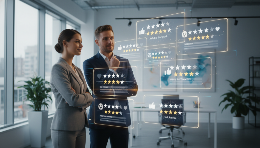 A collage of glowing customer reviews displayed on elegant digital screens, set in a modern office environment. In the foreground, two clients, a woman and a man dressed in smart business attire, are analyzing the feedback with satisfied expressions. In the middle, overlapping screens show diverse five-star ratings and star symbols, each with visual indicators of customer satisfaction, such as thumbs up and heart icons. The background features a sleek, minimalist office space with large windows allowing natural light to illuminate the scene, creating a vibrant and inviting atmosphere. The mood is positive and professional, reflecting trust and appreciation in the electrical services provided. The angle captures the clients engaging with the reviews, enhancing the focus on the value they place on the feedback. A collage of glowing customer reviews displayed on elegant digital screens, set in a modern office environment. In the foreground, two clients, a woman and a man dressed in smart business attire, are analyzing the feedback with satisfied expressions. In the middle, overlapping screens show diverse five-star ratings and star symbols, each with visual indicators of customer satisfaction, such as thumbs up and heart icons. The background features a sleek, minimalist office space with large windows allowing natural light to illuminate the scene, creating a vibrant and inviting atmosphere. The mood is positive and professional, reflecting trust and appreciation in the electrical services provided. The angle captures the clients engaging with the reviews, enhancing the focus on the value they place on the feedback.