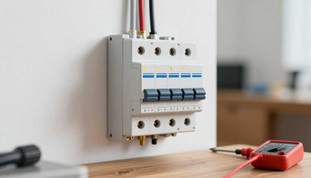 A detailed close-up of a modern earth leakage unit installed on a wall, showcasing its sleek design with visible circuit breakers, indicator lights, and terminals. The unit is positioned against a clean white wall, with tools like a screwdriver and a multimeter placed nearby on a wooden table. In the background, subtle hints of a residential or business environment in Pretoria are visible, such as blurred outlines of electrical wiring and equipment. Soft, natural lighting illuminates the scene, creating a professional and focused atmosphere. Capture the image from a slightly angled perspective to highlight both the unit and the surrounding workspace, evoking a sense of reliability and technical proficiency. A detailed close-up of a modern earth leakage unit installed on a wall, showcasing its sleek design with visible circuit breakers, indicator lights, and terminals. The unit is positioned against a clean white wall, with tools like a screwdriver and a multimeter placed nearby on a wooden table. In the background, subtle hints of a residential or business environment in Pretoria are visible, such as blurred outlines of electrical wiring and equipment. Soft, natural lighting illuminates the scene, creating a professional and focused atmosphere. Capture the image from a slightly angled perspective to highlight both the unit and the surrounding workspace, evoking a sense of reliability and technical proficiency.