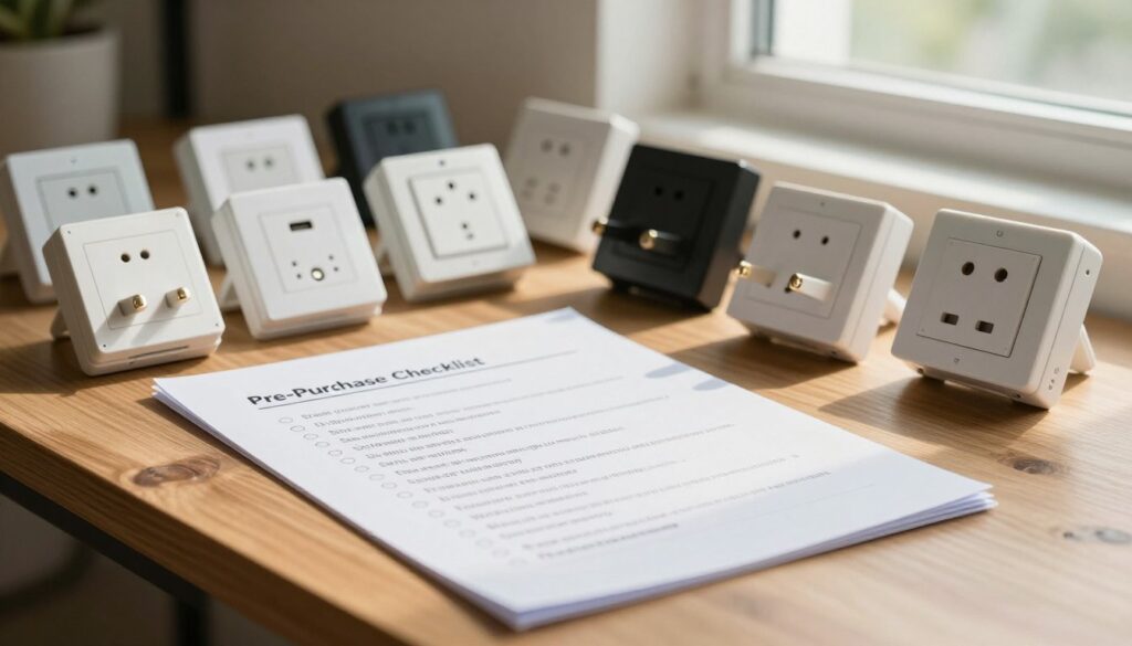 A detailed pre-purchase checklist for electrical plugs and switches, elegantly displayed on a wooden tabletop. In the foreground, the checklist features neatly organized bullet points highlighting essential features to consider, such as compatibility, safety ratings, and warranty information. The checklist is partially illuminated by soft, natural light coming from a nearby window, creating a warm and inviting atmosphere. In the middle background, an array of various plugs and switches of different designs and colors, showcasing both modern and traditional styles, are arranged appealingly. The scene suggests a well-organized shopping experience, evoking a sense of preparedness and thoughtfulness. Subtle shadows enhance depth, while a slight blur on the background elements keeps the focus on the checklist. The overall mood is practical yet inviting, ideal for potential buyers. A detailed pre-purchase checklist for electrical plugs and switches, elegantly displayed on a wooden tabletop. In the foreground, the checklist features neatly organized bullet points highlighting essential features to consider, such as compatibility, safety ratings, and warranty information. The checklist is partially illuminated by soft, natural light coming from a nearby window, creating a warm and inviting atmosphere. In the middle background, an array of various plugs and switches of different designs and colors, showcasing both modern and traditional styles, are arranged appealingly. The scene suggests a well-organized shopping experience, evoking a sense of preparedness and thoughtfulness. Subtle shadows enhance depth, while a slight blur on the background elements keeps the focus on the checklist. The overall mood is practical yet inviting, ideal for potential buyers.