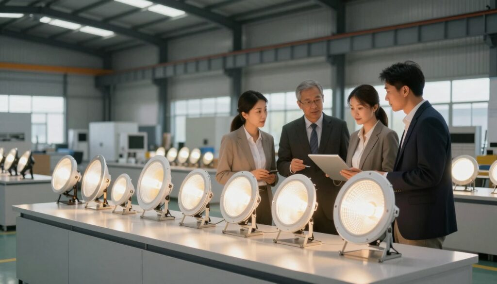 A detailed selection guide for high-bay lights, set in an industrial factory environment. In the foreground, various high-bay LED lights are showcased on a sleek, modern display stand, emphasizing their different sizes and shapes. In the middle ground, workers dressed in professional business attire examine the lights, discussing their features and advantages. The background features a spacious factory interior with high ceilings and large windows, letting in natural light that illuminates the setting. The atmosphere is informative and engaging, with a focus on efficiency and quality. Use warm, inviting lighting effects to create a sense of productivity and professionalism, captured from a wide-angle perspective to highlight the entire scene comprehensively. The image should be clean and organized, with no text or distractions. A detailed selection guide for high-bay lights, set in an industrial factory environment. In the foreground, various high-bay LED lights are showcased on a sleek, modern display stand, emphasizing their different sizes and shapes. In the middle ground, workers dressed in professional business attire examine the lights, discussing their features and advantages. The background features a spacious factory interior with high ceilings and large windows, letting in natural light that illuminates the setting. The atmosphere is informative and engaging, with a focus on efficiency and quality. Use warm, inviting lighting effects to create a sense of productivity and professionalism, captured from a wide-angle perspective to highlight the entire scene comprehensively. The image should be clean and organized, with no text or distractions.