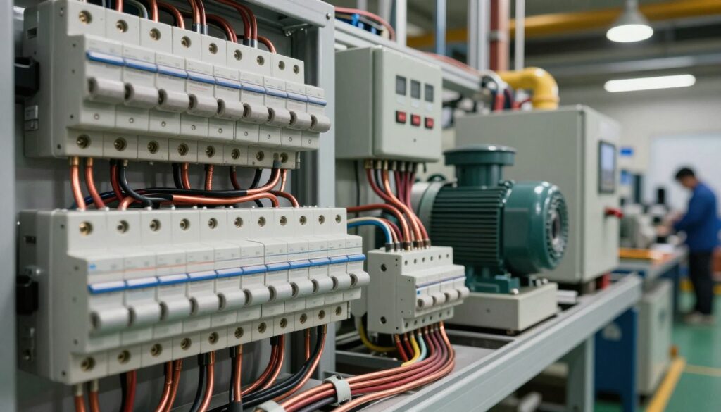 A detailed view of industrial electrical wiring in a manufacturing setting, showcasing an intricate arrangement of copper wires, cables, and connectors. In the foreground, large, well-structured panels with labeled circuit breakers and organized wiring harnesses are prominent. The middle ground features industrial machines with clearly visible wiring systems, highlighting the connection between motors and control panels. The background captures a busy factory environment with soft overhead lighting illuminating the workspace, creating a warm yet focused atmosphere. The angle is slightly tilted to emphasize depth and perspective, reminiscent of a documentary shot. The scene conveys a sense of professionalism and precision, suitable for an industrial electrician's domain. A detailed view of industrial electrical wiring in a manufacturing setting, showcasing an intricate arrangement of copper wires, cables, and connectors. In the foreground, large, well-structured panels with labeled circuit breakers and organized wiring harnesses are prominent. The middle ground features industrial machines with clearly visible wiring systems, highlighting the connection between motors and control panels. The background captures a busy factory environment with soft overhead lighting illuminating the workspace, creating a warm yet focused atmosphere. The angle is slightly tilted to emphasize depth and perspective, reminiscent of a documentary shot. The scene conveys a sense of professionalism and precision, suitable for an industrial electrician's domain.