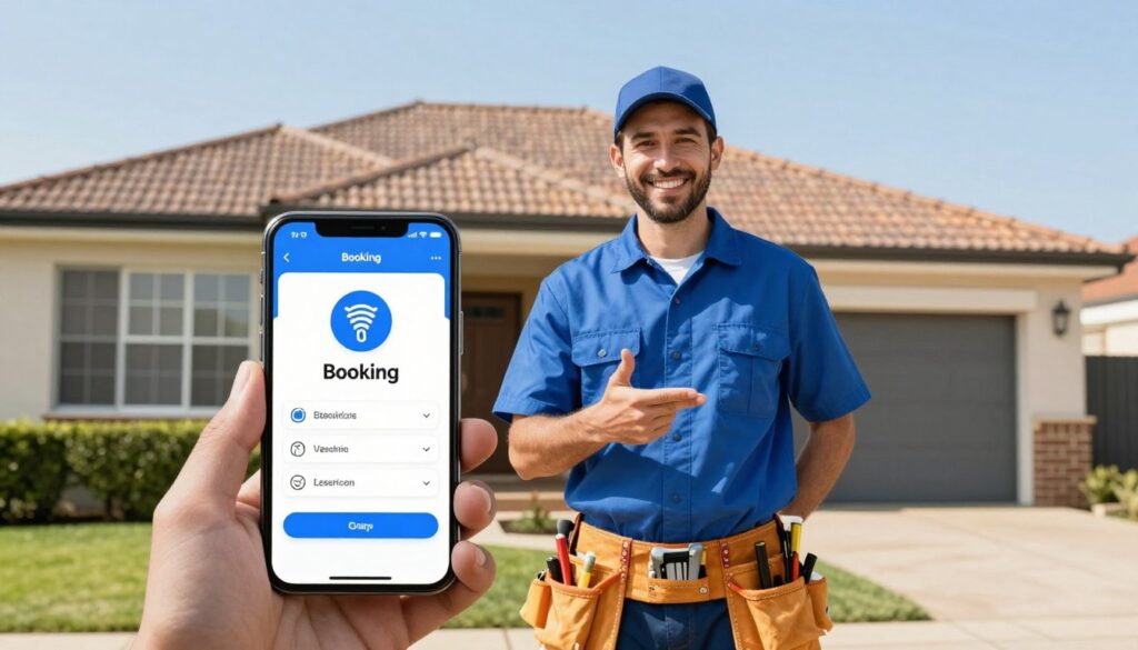 A friendly and professional-looking electrician, wearing a blue shirt and tool belt, is standing in front of a modern suburban home in Pretoria. In the foreground, a smartphone displays a booking app with the option to schedule an electrical service. The middle of the scene showcases the electrician smiling and gesturing toward the phone, implying ease of booking. In the background, a sunny day enhances the cheerful atmosphere, with neatly trimmed hedges and a clear blue sky complementing the suburban landscape. The angle is slightly low, giving a sense of approachability and engagement. Soft, natural daylight illuminates the scene, creating a warm and welcoming mood that reflects trust and professionalism. A friendly and professional-looking electrician, wearing a blue shirt and tool belt, is standing in front of a modern suburban home in Pretoria. In the foreground, a smartphone displays a booking app with the option to schedule an electrical service. The middle of the scene showcases the electrician smiling and gesturing toward the phone, implying ease of booking. In the background, a sunny day enhances the cheerful atmosphere, with neatly trimmed hedges and a clear blue sky complementing the suburban landscape. The angle is slightly low, giving a sense of approachability and engagement. Soft, natural daylight illuminates the scene, creating a warm and welcoming mood that reflects trust and professionalism.