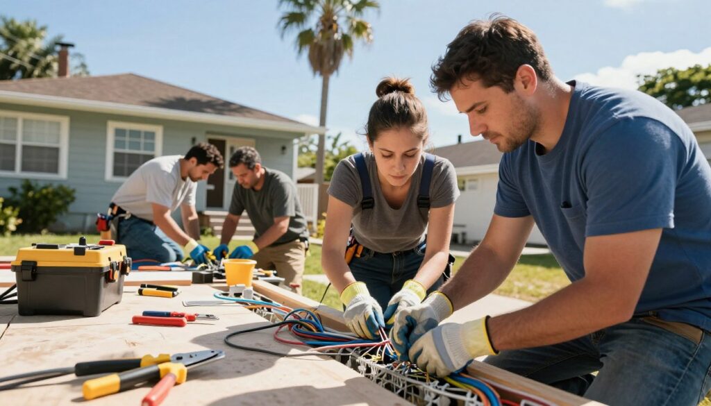 A group of professional electricians working together in a residential setting in Brooklyn, Pretoria East. In the foreground, two electricians, one male and one female, are installing electrical wiring, wearing safety gloves and business casual attire. The middle layer features various electrical tools and equipment scattered around, like wire strippers and conduit, showcasing an active work environment. In the background, a typical Pretoria East house with palm trees and bright blue skies adds local charm. The scene is well-lit with natural daylight streaming in, creating a warm and inviting atmosphere. The angle is slightly elevated, capturing the teamwork and professionalism of local electricians in action. A group of professional electricians working together in a residential setting in Brooklyn, Pretoria East. In the foreground, two electricians, one male and one female, are installing electrical wiring, wearing safety gloves and business casual attire. The middle layer features various electrical tools and equipment scattered around, like wire strippers and conduit, showcasing an active work environment. In the background, a typical Pretoria East house with palm trees and bright blue skies adds local charm. The scene is well-lit with natural daylight streaming in, creating a warm and inviting atmosphere. The angle is slightly elevated, capturing the teamwork and professionalism of local electricians in action.
