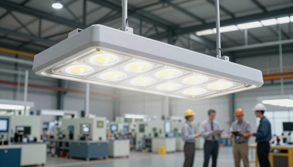 A modern LED high-bay upgrade light suspended from a metal beam in a spacious industrial factory setting. The foreground features the sleek fixture, showcasing its bright, energy-efficient LED bulbs that illuminate the area below. In the middle ground, workers in professional business attire assess the upgraded lighting setup, using tools and taking measurements. The background reveals a vast factory floor filled with machinery and equipment, bathed in soft, even lighting from the LED fixtures. The atmosphere conveys a sense of innovation and progress, underlined by a clean, organized workspace. The image is captured with a wide-angle lens at a slightly elevated angle, highlighting both the new lighting fixtures and the dynamic activity of the workers below. A modern LED high-bay upgrade light suspended from a metal beam in a spacious industrial factory setting. The foreground features the sleek fixture, showcasing its bright, energy-efficient LED bulbs that illuminate the area below. In the middle ground, workers in professional business attire assess the upgraded lighting setup, using tools and taking measurements. The background reveals a vast factory floor filled with machinery and equipment, bathed in soft, even lighting from the LED fixtures. The atmosphere conveys a sense of innovation and progress, underlined by a clean, organized workspace. The image is captured with a wide-angle lens at a slightly elevated angle, highlighting both the new lighting fixtures and the dynamic activity of the workers below.