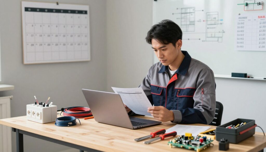 A modern and stylish indoor scene depicting an electrician's workspace, with tools neatly arranged on a workbench in the foreground. In the middle ground, an electrician in a professional uniform reviews a pricing quote on a laptop, surrounded by electrical components like wires, sockets, and circuit boards. The background features a wall with a large calendar displaying deadlines and a whiteboard filled with project notes and turnaround times, conveying a sense of organization and professionalism. Soft, bright lighting illuminates the scene, creating a warm and inviting atmosphere. The angle is slightly above eye level, providing a clear view of the workspace while maintaining a focus on the electrician's attentive expression. A modern and stylish indoor scene depicting an electrician's workspace, with tools neatly arranged on a workbench in the foreground. In the middle ground, an electrician in a professional uniform reviews a pricing quote on a laptop, surrounded by electrical components like wires, sockets, and circuit boards. The background features a wall with a large calendar displaying deadlines and a whiteboard filled with project notes and turnaround times, conveying a sense of organization and professionalism. Soft, bright lighting illuminates the scene, creating a warm and inviting atmosphere. The angle is slightly above eye level, providing a clear view of the workspace while maintaining a focus on the electrician's attentive expression.