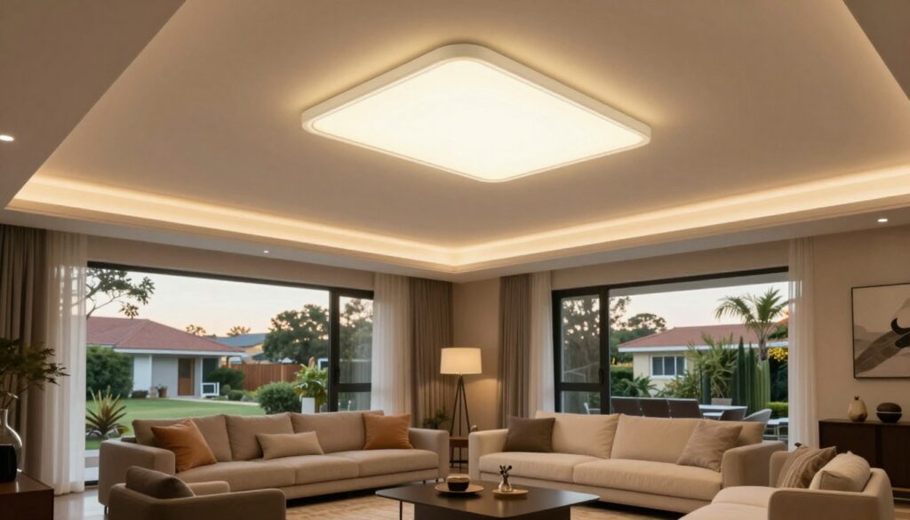 A modern, beautifully designed living room featuring LED downlights integrated into the ceiling. The foreground showcases sleek, stylish downlights in warm white lighting, illuminating the room elegantly. In the middle ground, a cozy seating area with contemporary furniture and tasteful decor complements the high-tech lighting. The background includes large windows revealing a lush suburban landscape of Pretoria, bathed in soft natural light. The atmosphere conveys a feeling of warmth and sophistication, ideal for both homes and businesses. The scene is captured with a wide-angle lens, highlighting the spaciousness and comfort of the room. Ensure the setting is free of any people or distractions, focusing solely on the installation and effect of the LED downlights. A modern, beautifully designed living room featuring LED downlights integrated into the ceiling. The foreground showcases sleek, stylish downlights in warm white lighting, illuminating the room elegantly. In the middle ground, a cozy seating area with contemporary furniture and tasteful decor complements the high-tech lighting. The background includes large windows revealing a lush suburban landscape of Pretoria, bathed in soft natural light. The atmosphere conveys a feeling of warmth and sophistication, ideal for both homes and businesses. The scene is captured with a wide-angle lens, highlighting the spaciousness and comfort of the room. Ensure the setting is free of any people or distractions, focusing solely on the installation and effect of the LED downlights.