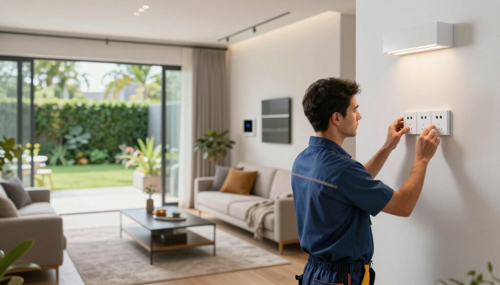 A modern electrical installation scene in Pretoria East, showcasing a well-lit, contemporary living space. In the foreground, a professional electrician in business attire is carefully inspecting modern wall sockets and energy-efficient lighting fixtures. The middle ground features an array of stylish, streamlined appliances and smart home devices seamlessly integrated into a vibrant, functional space. In the background, large windows let in natural light, revealing a lush, green garden outside, enhancing the feeling of modern living. Use high dynamic range (HDR) lighting to accentuate the details of the installations, and a subtle depth of field to keep the focus on the electrician and the installations. The atmosphere should feel safe, efficient, and inviting, reflecting the harmony of technology and comfort. A modern electrical installation scene in Pretoria East, showcasing a well-lit, contemporary living space. In the foreground, a professional electrician in business attire is carefully inspecting modern wall sockets and energy-efficient lighting fixtures. The middle ground features an array of stylish, streamlined appliances and smart home devices seamlessly integrated into a vibrant, functional space. In the background, large windows let in natural light, revealing a lush, green garden outside, enhancing the feeling of modern living. Use high dynamic range (HDR) lighting to accentuate the details of the installations, and a subtle depth of field to keep the focus on the electrician and the installations. The atmosphere should feel safe, efficient, and inviting, reflecting the harmony of technology and comfort.