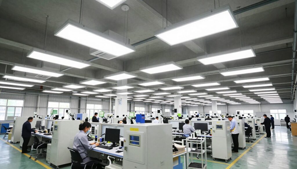 A modern factory interior showcasing high-bay LED lighting in a spacious layout. The foreground features neatly arranged industrial equipment and workstations, with the high-bay lights suspended from a high ceiling, illuminating the area with bright, even light. In the middle ground, workers in professional business attire are engaged in various tasks, demonstrating the efficient use of space under the light fixtures. The background reveals large windows allowing natural light to filter in, enhancing the atmosphere of productivity. The perspective is slightly tilted upward to emphasize the height of the ceiling and the design layout. The overall mood is bright, dynamic, and professional, reflecting a well-planned lighting design tailored for industrial efficiency. A modern factory interior showcasing high-bay LED lighting in a spacious layout. The foreground features neatly arranged industrial equipment and workstations, with the high-bay lights suspended from a high ceiling, illuminating the area with bright, even light. In the middle ground, workers in professional business attire are engaged in various tasks, demonstrating the efficient use of space under the light fixtures. The background reveals large windows allowing natural light to filter in, enhancing the atmosphere of productivity. The perspective is slightly tilted upward to emphasize the height of the ceiling and the design layout. The overall mood is bright, dynamic, and professional, reflecting a well-planned lighting design tailored for industrial efficiency.