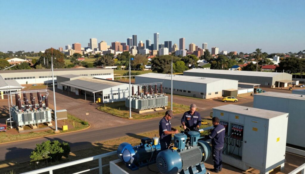 A panoramic view of Pretoria and its surrounding suburbs, showcasing a bustling industrial area where electrical services are provided. In the foreground, electricians in professional business attire are working on industrial machinery, expertly wiring motors and connecting electrical panels. The middle ground features a variety of factories and warehouses, all displaying electrical infrastructure like power lines and transformers. In the background, the iconic skyline of Pretoria is visible under a clear blue sky, with soft lighting highlighting the scene, creating a sense of productivity and collaboration. The atmosphere conveys a professional, industrious mood, emphasizing the importance of reliable electrical services in the area. The image should focus on the operations and environment, free of any text or distractions. A panoramic view of Pretoria and its surrounding suburbs, showcasing a bustling industrial area where electrical services are provided. In the foreground, electricians in professional business attire are working on industrial machinery, expertly wiring motors and connecting electrical panels. The middle ground features a variety of factories and warehouses, all displaying electrical infrastructure like power lines and transformers. In the background, the iconic skyline of Pretoria is visible under a clear blue sky, with soft lighting highlighting the scene, creating a sense of productivity and collaboration. The atmosphere conveys a professional, industrious mood, emphasizing the importance of reliable electrical services in the area. The image should focus on the operations and environment, free of any text or distractions.