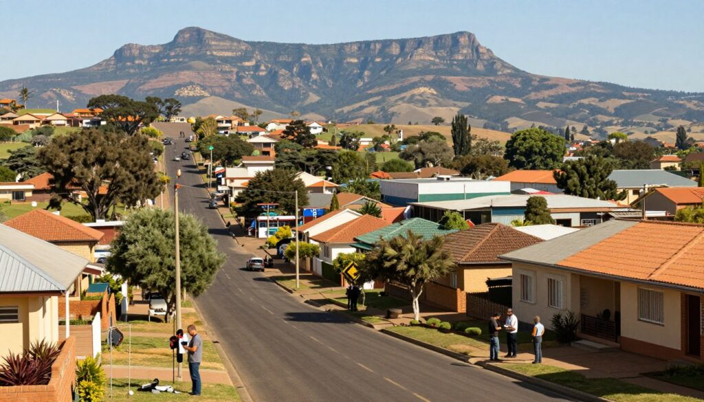 A panoramic view of a typical Pretoria North neighborhood, showcasing both residential and industrial areas. In the foreground, depict a clean, tree-lined street with well-maintained houses featuring modern and traditional South African architectural styles. Include a few professional electricians in modest casual clothing, working on electrical installations, holding tools, and discussing plans. In the middle ground, show small businesses and industrial sites, emphasizing the community’s robustness. The background should feature the iconic Magaliesberg mountains under a clear blue sky. Use warm, natural lighting to create a welcoming atmosphere, with a slight angle to capture depth and dimension, highlighting the vibrancy of Pretoria North. A panoramic view of a typical Pretoria North neighborhood, showcasing both residential and industrial areas. In the foreground, depict a clean, tree-lined street with well-maintained houses featuring modern and traditional South African architectural styles. Include a few professional electricians in modest casual clothing, working on electrical installations, holding tools, and discussing plans. In the middle ground, show small businesses and industrial sites, emphasizing the community’s robustness. The background should feature the iconic Magaliesberg mountains under a clear blue sky. Use warm, natural lighting to create a welcoming atmosphere, with a slight angle to capture depth and dimension, highlighting the vibrancy of Pretoria North.