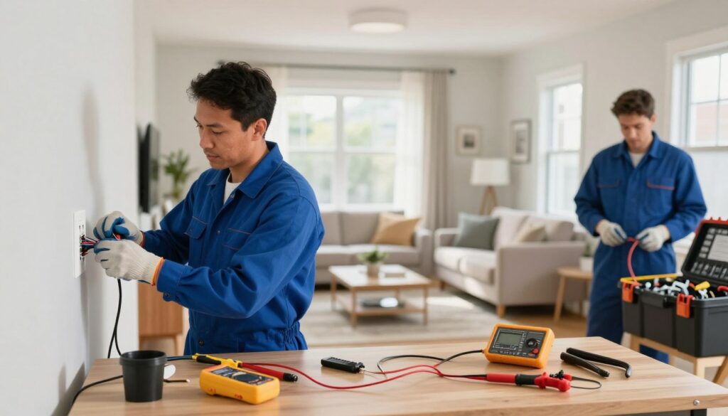 A professional electrician at work in a modern residential setting in Brooklyn, Pretoria East. In the foreground, the electrician, a man in a blue work uniform and safety gloves, is installing electrical wiring at a wall outlet. In the middle ground, various electrical tools like a multimeter, wire stripper, and toolbox are spread on a well-organized workbench. The background features a bright and welcoming living room with soft natural lighting filtering through a window, highlighting the clean lines of contemporary decor. The atmosphere is one of professionalism and safety, showcasing reliable electrical services. Use a wide-angle lens to capture the depth of the scene and focus on the electrician’s careful attention to detail. A professional electrician at work in a modern residential setting in Brooklyn, Pretoria East. In the foreground, the electrician, a man in a blue work uniform and safety gloves, is installing electrical wiring at a wall outlet. In the middle ground, various electrical tools like a multimeter, wire stripper, and toolbox are spread on a well-organized workbench. The background features a bright and welcoming living room with soft natural lighting filtering through a window, highlighting the clean lines of contemporary decor. The atmosphere is one of professionalism and safety, showcasing reliable electrical services. Use a wide-angle lens to capture the depth of the scene and focus on the electrician’s careful attention to detail.