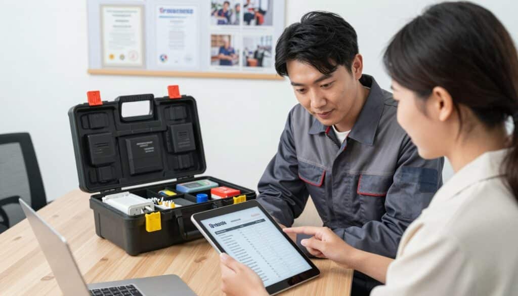 A professional electrician in work attire is collaborating with a client in a well-lit, modern office setting. In the foreground, they are reviewing clear, high-quality quotes on a digital tablet, emphasizing transparency and professionalism. The middle ground features a rugged toolbox filled with premium electrical materials, showcasing the commitment to quality. In the background, a wall displays certificates and project images, representing the company's credibility and expertise. Soft, natural lighting creates a welcoming atmosphere, while a slight angle from above captures both the technician's focused demeanor and the client's satisfaction. The overall mood is one of trust, clarity, and reliability, reflecting an efficient service experience. A professional electrician in work attire is collaborating with a client in a well-lit, modern office setting. In the foreground, they are reviewing clear, high-quality quotes on a digital tablet, emphasizing transparency and professionalism. The middle ground features a rugged toolbox filled with premium electrical materials, showcasing the commitment to quality. In the background, a wall displays certificates and project images, representing the company's credibility and expertise. Soft, natural lighting creates a welcoming atmosphere, while a slight angle from above captures both the technician's focused demeanor and the client's satisfaction. The overall mood is one of trust, clarity, and reliability, reflecting an efficient service experience.