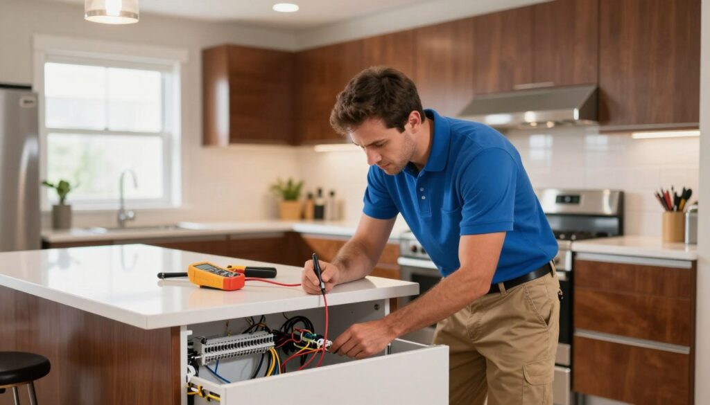 A professional electrician working diligently in a modern home setting. In the foreground, the electrician, dressed in a neat blue polo shirt and khaki work pants, is inspecting electrical wiring under a sleek kitchen countertop. Tools like a multimeter and wire cutters are visible on the countertop. In the middle ground, a well-lit, contemporary kitchen showcases polished cabinets and stainless-steel appliances, reflecting a warm, inviting atmosphere. The background features a bright window with natural light streaming in, enhancing the sense of professionalism and care in the electrical work. The mood is focused and efficient, emphasizing quality service in residential and office environments. The scene is captured with a wide-angle lens to convey depth and detail. A professional electrician working diligently in a modern home setting. In the foreground, the electrician, dressed in a neat blue polo shirt and khaki work pants, is inspecting electrical wiring under a sleek kitchen countertop. Tools like a multimeter and wire cutters are visible on the countertop. In the middle ground, a well-lit, contemporary kitchen showcases polished cabinets and stainless-steel appliances, reflecting a warm, inviting atmosphere. The background features a bright window with natural light streaming in, enhancing the sense of professionalism and care in the electrical work. The mood is focused and efficient, emphasizing quality service in residential and office environments. The scene is captured with a wide-angle lens to convey depth and detail.