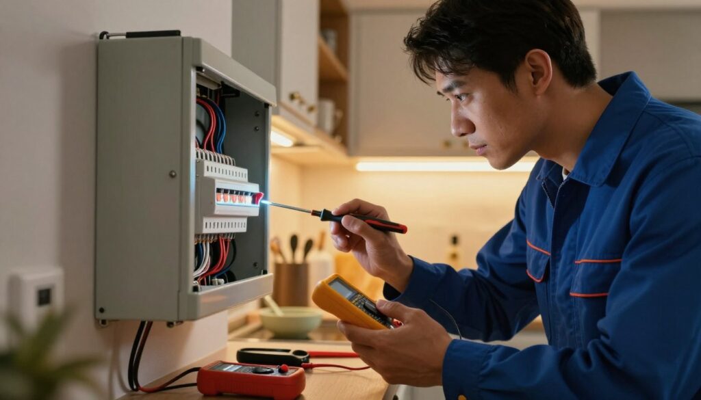 A professional emergency electrician in a smart blue uniform, carefully inspecting a flickering electrical panel in a dimly lit, residential kitchen. The foreground captures the electrician's focused expression and skilled hands working with tools like a multimeter and screwdriver. The middle ground features the electrical panel, wires, and tools neatly arranged, showing a sense of urgency. In the background, a warm, inviting kitchen ambiance with subtle yellow lighting highlights the homey atmosphere. The scene conveys urgency yet professionalism, with a slight dramatic lighting effect to emphasize problem-solving in action. The angle is slightly low, focusing on the electrician's interaction with the panel while showcasing the kitchen's details. A professional emergency electrician in a smart blue uniform, carefully inspecting a flickering electrical panel in a dimly lit, residential kitchen. The foreground captures the electrician's focused expression and skilled hands working with tools like a multimeter and screwdriver. The middle ground features the electrical panel, wires, and tools neatly arranged, showing a sense of urgency. In the background, a warm, inviting kitchen ambiance with subtle yellow lighting highlights the homey atmosphere. The scene conveys urgency yet professionalism, with a slight dramatic lighting effect to emphasize problem-solving in action. The angle is slightly low, focusing on the electrician's interaction with the panel while showcasing the kitchen's details.