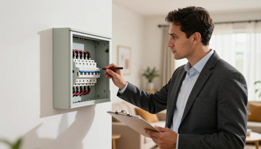 A professional property inspector, dressed in a smart business attire, examines a circuit breaker panel in a well-lit South African rental property. In the foreground, tools such as a voltage tester and inspection clipboard are visible, adding detail to the inspection scene. The middle ground features the inspector focused on identifying possible electrical issues, with subtle expressions of concentration. In the background, a cozy living room setting is visible, showcasing warm colors and inviting decor. Soft sunlight filters through a window, casting gentle shadows that create an atmosphere of professionalism and attention to detail. The angle captures both the inspector and the electrical panel, emphasizing the importance of thorough property inspections in rental agreements. A professional property inspector, dressed in a smart business attire, examines a circuit breaker panel in a well-lit South African rental property. In the foreground, tools such as a voltage tester and inspection clipboard are visible, adding detail to the inspection scene. The middle ground features the inspector focused on identifying possible electrical issues, with subtle expressions of concentration. In the background, a cozy living room setting is visible, showcasing warm colors and inviting decor. Soft sunlight filters through a window, casting gentle shadows that create an atmosphere of professionalism and attention to detail. The angle captures both the inspector and the electrical panel, emphasizing the importance of thorough property inspections in rental agreements.
