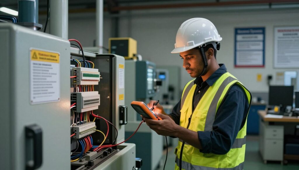 A professional safety compliance scene set in an industrial workshop in Pretoria. In the foreground, a well-dressed safety officer in a hard hat and reflective vest inspects electrical wiring on a large machine, using a digital multimeter. The middle ground features various industrial machines with clearly visible safety labels and compliance certifications. In the background, a clean and organized workspace with dim ambient lighting highlights safety posters on the walls emphasizing standards and regulations. The atmosphere conveys a sense of vigilance and responsibility, with warm light illuminating the officer, focusing attention on safety procedures. Use a shallow depth of field to emphasize the officer while softly blurring the machinery. The overall mood should be serious yet hopeful, reflecting a commitment to safety and compliance in industrial environments. A professional safety compliance scene set in an industrial workshop in Pretoria. In the foreground, a well-dressed safety officer in a hard hat and reflective vest inspects electrical wiring on a large machine, using a digital multimeter. The middle ground features various industrial machines with clearly visible safety labels and compliance certifications. In the background, a clean and organized workspace with dim ambient lighting highlights safety posters on the walls emphasizing standards and regulations. The atmosphere conveys a sense of vigilance and responsibility, with warm light illuminating the officer, focusing attention on safety procedures. Use a shallow depth of field to emphasize the officer while softly blurring the machinery. The overall mood should be serious yet hopeful, reflecting a commitment to safety and compliance in industrial environments.