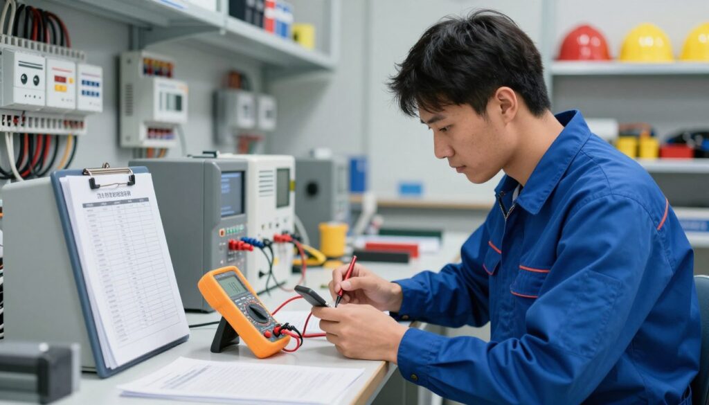 A professional technician conducts earth leakage testing in a well-lit, modern electrical service workshop. In the foreground, the technician, dressed in a clean, blue work uniform, focuses on a digital multimeter connected to a test circuit, showcasing precision and expertise. In the middle ground, various electrical testing equipment and a compliance checklist are visible, emphasizing the notion of thorough fault-finding and adherence to safety standards. The background features shelves stocked with electrical tools and safety gear, enhancing the professional atmosphere. The lighting is bright and even, casting soft shadows that highlight the organized workspace. The overall mood conveys diligence and competence in electrical safety, underscoring the importance of compliance-focused services. A professional technician conducts earth leakage testing in a well-lit, modern electrical service workshop. In the foreground, the technician, dressed in a clean, blue work uniform, focuses on a digital multimeter connected to a test circuit, showcasing precision and expertise. In the middle ground, various electrical testing equipment and a compliance checklist are visible, emphasizing the notion of thorough fault-finding and adherence to safety standards. The background features shelves stocked with electrical tools and safety gear, enhancing the professional atmosphere. The lighting is bright and even, casting soft shadows that highlight the organized workspace. The overall mood conveys diligence and competence in electrical safety, underscoring the importance of compliance-focused services.