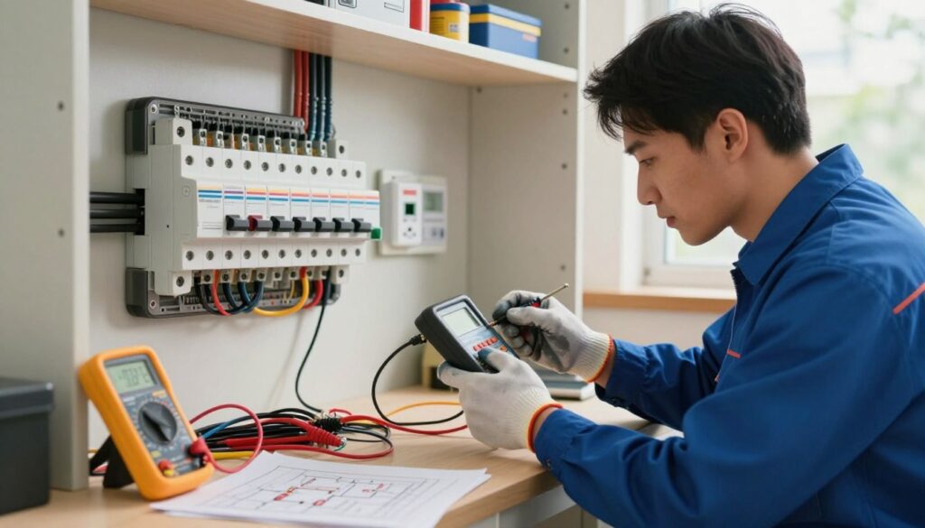 A professional technician troubleshooting an earth leakage circuit breaker in a modern home setting. In the foreground, the technician, dressed in a blue work shirt and safety gloves, is examining a circuit panel with focused concentration. In the middle ground, various electronic testing tools, such as a multimeter and electrical drawings, are neatly arranged on a workbench. The background features a well-lit, organized utility room with clear labeling on the circuits and safety equipment. Warm, natural lighting filters through a nearby window, creating a realistic ambiance. The overall mood is calm and focused, conveying the importance of safety and expertise in troubleshooting electrical issues. A professional technician troubleshooting an earth leakage circuit breaker in a modern home setting. In the foreground, the technician, dressed in a blue work shirt and safety gloves, is examining a circuit panel with focused concentration. In the middle ground, various electronic testing tools, such as a multimeter and electrical drawings, are neatly arranged on a workbench. The background features a well-lit, organized utility room with clear labeling on the circuits and safety equipment. Warm, natural lighting filters through a nearby window, creating a realistic ambiance. The overall mood is calm and focused, conveying the importance of safety and expertise in troubleshooting electrical issues.