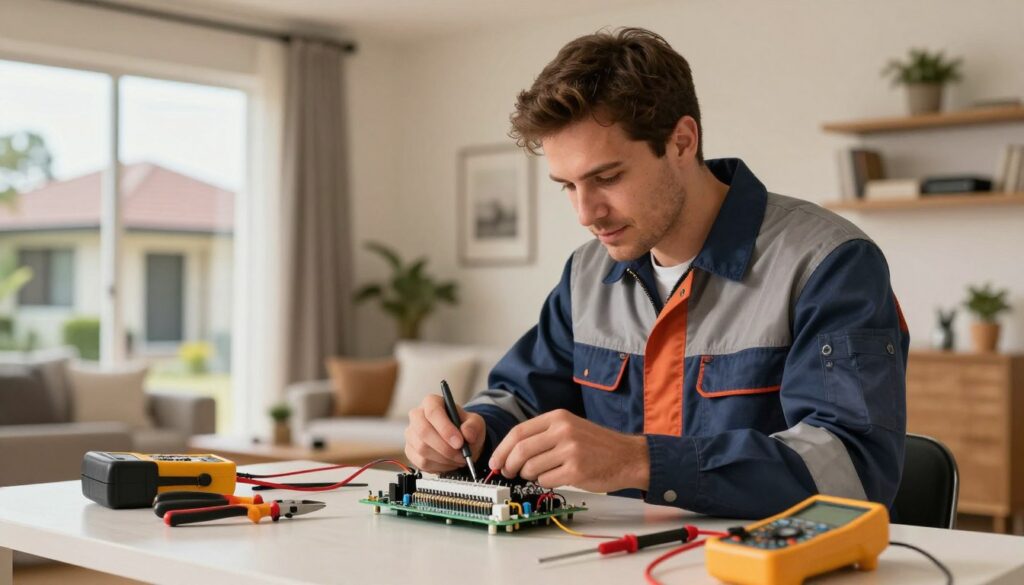 A skilled electrician in Pretoria North, wearing a neat work uniform and safety gear, focuses on repairing a circuit board in a modern residential setting. In the foreground, tools such as pliers, screwdrivers, and a multimeter are placed on a clean workbench, emphasizing professionalism and expertise. The middle ground features the electrician actively engaging with electrical systems, showcasing their craftsmanship. In the background, elements of a cozy, well-lit suburban home reveal local architectural styles, with hints of nearby landmarks like the Montana Shopping Centre subtly visible through a window. The scene is well-lit with warm, inviting lighting, and captured from a slightly angled perspective to highlight both the electrician and the home environment, creating a friendly yet professional atmosphere. A skilled electrician in Pretoria North, wearing a neat work uniform and safety gear, focuses on repairing a circuit board in a modern residential setting. In the foreground, tools such as pliers, screwdrivers, and a multimeter are placed on a clean workbench, emphasizing professionalism and expertise. The middle ground features the electrician actively engaging with electrical systems, showcasing their craftsmanship. In the background, elements of a cozy, well-lit suburban home reveal local architectural styles, with hints of nearby landmarks like the Montana Shopping Centre subtly visible through a window. The scene is well-lit with warm, inviting lighting, and captured from a slightly angled perspective to highlight both the electrician and the home environment, creating a friendly yet professional atmosphere.