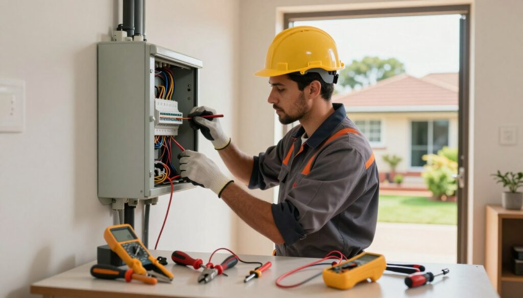 A skilled electrician in professional attire, confidently working on a residential electrical panel in a well-lit Pretoria home. The foreground features tools like pliers, screwdrivers, and a multimeter laid out neatly on a table. The middle ground showcases the electrician, focused and precise, wearing a safety helmet and gloves, examining wiring. Soft, natural lighting filters through a window, creating a warm and inviting atmosphere. In the background, a glimpse of a typical Pretoria suburb can be seen, with neat homes and lush greenery, symbolizing the community. The overall mood conveys professionalism, trust, and reliability, emphasizing quality service in an urban environment. A skilled electrician in professional attire, confidently working on a residential electrical panel in a well-lit Pretoria home. The foreground features tools like pliers, screwdrivers, and a multimeter laid out neatly on a table. The middle ground showcases the electrician, focused and precise, wearing a safety helmet and gloves, examining wiring. Soft, natural lighting filters through a window, creating a warm and inviting atmosphere. In the background, a glimpse of a typical Pretoria suburb can be seen, with neat homes and lush greenery, symbolizing the community. The overall mood conveys professionalism, trust, and reliability, emphasizing quality service in an urban environment.