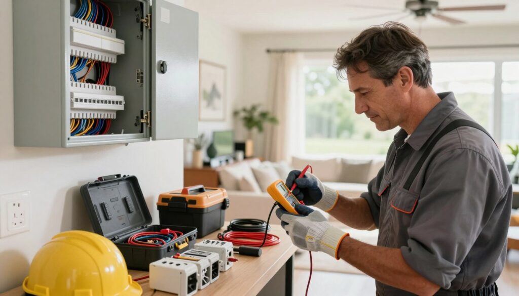 A skilled electrician in professional attire inspecting electrical panels inside a bright, modern home in Montana Pretoria. In the foreground, the electrician, a middle-aged individual with safety gloves, is focused on measuring voltage with a multimeter, showcasing precision and expertise. The middle layer features well-organized electrical tools and equipment scattered on a workbench, including wires, sockets, and safety gear, reflecting a typical work environment. In the background, a spacious room with stylish decor and natural light filtering through large windows, enhancing the atmosphere of a bustling household. Overall, the image should convey professionalism, safety, and a sense of trust in electrical services, with warm lighting and a clean, approachable aesthetic. A skilled electrician in professional attire inspecting electrical panels inside a bright, modern home in Montana Pretoria. In the foreground, the electrician, a middle-aged individual with safety gloves, is focused on measuring voltage with a multimeter, showcasing precision and expertise. The middle layer features well-organized electrical tools and equipment scattered on a workbench, including wires, sockets, and safety gear, reflecting a typical work environment. In the background, a spacious room with stylish decor and natural light filtering through large windows, enhancing the atmosphere of a bustling household. Overall, the image should convey professionalism, safety, and a sense of trust in electrical services, with warm lighting and a clean, approachable aesthetic.