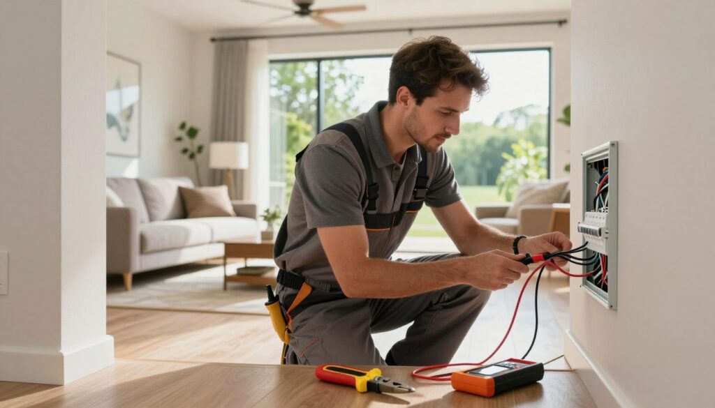 A skilled electrician in professional business attire, confidently working to install electrical fixtures inside a modern home in Montana Park, Pretoria. In the foreground, the electrician is focused on connecting wires, surrounded by tools like wire cutters and a voltage tester. The middle ground features a beautifully designed living room with stylish decor and a partially visible electrical panel. In the background, a sunny window shows a glimpse of Montana Park’s lush greenery. Soft, natural lighting illuminates the scene, creating a warm atmosphere, while the angle highlights the craftsmanship and expertise of the electrician. Capture a mood of professionalism and reliability in this electrical service portrayal. A skilled electrician in professional business attire, confidently working to install electrical fixtures inside a modern home in Montana Park, Pretoria. In the foreground, the electrician is focused on connecting wires, surrounded by tools like wire cutters and a voltage tester. The middle ground features a beautifully designed living room with stylish decor and a partially visible electrical panel. In the background, a sunny window shows a glimpse of Montana Park’s lush greenery. Soft, natural lighting illuminates the scene, creating a warm atmosphere, while the angle highlights the craftsmanship and expertise of the electrician. Capture a mood of professionalism and reliability in this electrical service portrayal.