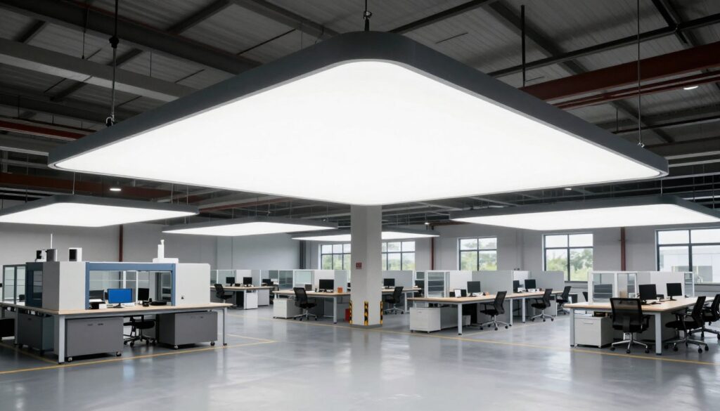A spacious industrial workspace illuminated by custom-designed LED high-bay lights. In the foreground, a sleek, modern LED fixture, showcasing its innovative design features such as adjustable angles and energy-efficient technology. The middle of the image reveals a large open area of an office or manufacturing facility, with distinct zones for industrial machinery and organized workstations, reflecting a harmonious blend of functionality and aesthetics. The background showcases large windows allowing natural light to seep through, enhancing the ambiance. The scene is captured with a wide-angle lens to emphasize the scale and design of the space. The mood is bright and professional, conveying the effectiveness of modern lighting solutions in boosting productivity and energy efficiency. No people are depicted, ensuring focus solely on the lighting and workspace design. A spacious industrial workspace illuminated by custom-designed LED high-bay lights. In the foreground, a sleek, modern LED fixture, showcasing its innovative design features such as adjustable angles and energy-efficient technology. The middle of the image reveals a large open area of an office or manufacturing facility, with distinct zones for industrial machinery and organized workstations, reflecting a harmonious blend of functionality and aesthetics. The background showcases large windows allowing natural light to seep through, enhancing the ambiance. The scene is captured with a wide-angle lens to emphasize the scale and design of the space. The mood is bright and professional, conveying the effectiveness of modern lighting solutions in boosting productivity and energy efficiency. No people are depicted, ensuring focus solely on the lighting and workspace design.