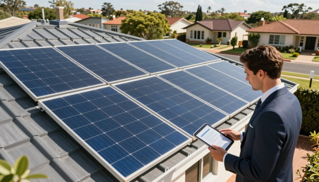 A vibrant and informative scene showcasing a modern residential property with sleek solar panels installed on the roof. In the foreground, depict a professional consultant in business attire examining the solar panel specifications with a tablet in hand. The middle ground features the solar panels glistening under a bright, sunny sky, reflecting efficiency and innovation. The background illustrates a suburban setting in Pretoria, with green trees and well-kept homes, enhancing the atmosphere of sustainability. Capture the image with a slightly elevated angle to emphasize the panels and their solar cells. Use soft, natural lighting to create an inviting mood that conveys optimism and progress in renewable energy solutions. A vibrant and informative scene showcasing a modern residential property with sleek solar panels installed on the roof. In the foreground, depict a professional consultant in business attire examining the solar panel specifications with a tablet in hand. The middle ground features the solar panels glistening under a bright, sunny sky, reflecting efficiency and innovation. The background illustrates a suburban setting in Pretoria, with green trees and well-kept homes, enhancing the atmosphere of sustainability. Capture the image with a slightly elevated angle to emphasize the panels and their solar cells. Use soft, natural lighting to create an inviting mood that conveys optimism and progress in renewable energy solutions.