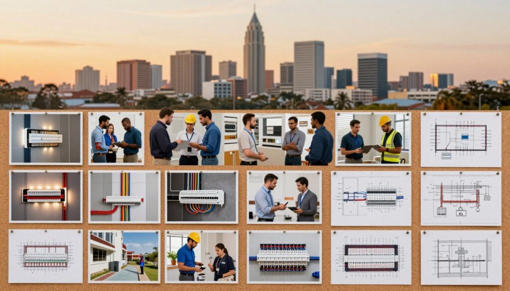 A vibrant project gallery showcasing a variety of electrical projects in Pretoria and its suburbs. In the foreground, display an organized layout of photographs and blueprints pinned to a corkboard, each image depicting unique electrical installations, lighting designs, and infrastructure upgrades. In the middle, include small clusters of people in professional attire, discussing the projects and examining details of the works, inspiring a collaborative atmosphere. The background features a stylized Pretoria skyline, with notable landmarks subtly blended into a sunset glow. Soft, warm lighting creates an inviting, productive vibe, emphasizing innovation and community spirit. The image composition is balanced with a slight depth of field, drawing focus to the gallery while hinting at the bustling energy of the city beyond. A vibrant project gallery showcasing a variety of electrical projects in Pretoria and its suburbs. In the foreground, display an organized layout of photographs and blueprints pinned to a corkboard, each image depicting unique electrical installations, lighting designs, and infrastructure upgrades. In the middle, include small clusters of people in professional attire, discussing the projects and examining details of the works, inspiring a collaborative atmosphere. The background features a stylized Pretoria skyline, with notable landmarks subtly blended into a sunset glow. Soft, warm lighting creates an inviting, productive vibe, emphasizing innovation and community spirit. The image composition is balanced with a slight depth of field, drawing focus to the gallery while hinting at the bustling energy of the city beyond.
