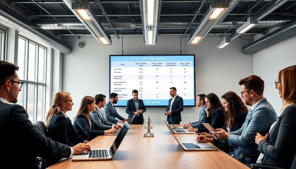 A visually engaging image of a modern office environment focused on price comparison for LED high-bay lighting. In the foreground, a diverse group of professionals in business attire stands around a conference table, analyzing data on sleek laptops and tablets. The middle ground features a large digital screen displaying side-by-side comparisons of different LED lighting options, complete with pricing information and energy efficiency ratings. The background showcases industrial lighting fixtures, creating a bright and well-lit atmosphere. Soft, natural daylight streams through large windows, enhancing the professional mood. The camera angle is slightly elevated, capturing the dynamics of teamwork and collaboration in a contemporary setting. A visually engaging image of a modern office environment focused on price comparison for LED high-bay lighting. In the foreground, a diverse group of professionals in business attire stands around a conference table, analyzing data on sleek laptops and tablets. The middle ground features a large digital screen displaying side-by-side comparisons of different LED lighting options, complete with pricing information and energy efficiency ratings. The background showcases industrial lighting fixtures, creating a bright and well-lit atmosphere. Soft, natural daylight streams through large windows, enhancing the professional mood. The camera angle is slightly elevated, capturing the dynamics of teamwork and collaboration in a contemporary setting.