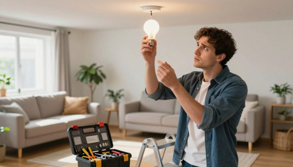 A well-lit apartment living room showing a concerned tenant, a young adult wearing smart casual attire, inspecting a flickering light bulb in the ceiling fixture. The foreground features the tenant on a stepladder, focused on the light, showcasing a worried expression. In the middle, an open toolbox lies on the floor, revealing various electrical repair tools like screwdrivers and pliers. The background displays a cozy living space with a comfortable sofa and plants, hinting at home life. Natural light streams through a window, creating a warm and inviting atmosphere. The mood conveys a sense of responsibility and urgency, capturing the essence of tenant electrical safety. A well-lit apartment living room showing a concerned tenant, a young adult wearing smart casual attire, inspecting a flickering light bulb in the ceiling fixture. The foreground features the tenant on a stepladder, focused on the light, showcasing a worried expression. In the middle, an open toolbox lies on the floor, revealing various electrical repair tools like screwdrivers and pliers. The background displays a cozy living space with a comfortable sofa and plants, hinting at home life. Natural light streams through a window, creating a warm and inviting atmosphere. The mood conveys a sense of responsibility and urgency, capturing the essence of tenant electrical safety.