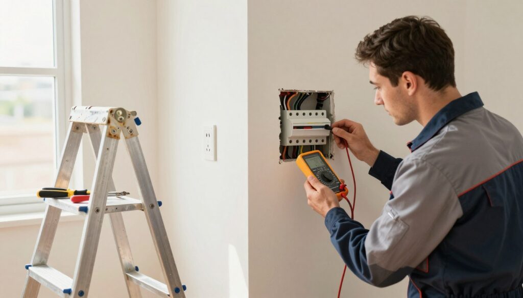 A well-lit interior of a residential property showcasing common electrical repair scenarios. In the foreground, a professional electrician in neat work attire is inspecting a circuit breaker panel with a multimeter. To the left, a worn-out light fixture is being examined on a step ladder, with tools like a screwdriver and pliers scattered nearby. In the middle background, a wall outlet is being repaired, revealing wires and electrical tape. Natural light streams in through a nearby window, creating a warm and inviting atmosphere. The scene is captured from a slightly elevated angle, emphasizing the various repair tasks and the focused expression of the electrician, highlighting the importance of professional electrical work in residential properties. A well-lit interior of a residential property showcasing common electrical repair scenarios. In the foreground, a professional electrician in neat work attire is inspecting a circuit breaker panel with a multimeter. To the left, a worn-out light fixture is being examined on a step ladder, with tools like a screwdriver and pliers scattered nearby. In the middle background, a wall outlet is being repaired, revealing wires and electrical tape. Natural light streams in through a nearby window, creating a warm and inviting atmosphere. The scene is captured from a slightly elevated angle, emphasizing the various repair tasks and the focused expression of the electrician, highlighting the importance of professional electrical work in residential properties.