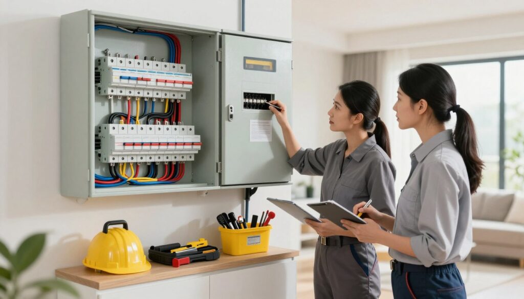 A well-lit, spacious room featuring a modern electrical installation setup, showcasing compliant and safe electrical systems. In the foreground, a professional male and female electrician, dressed in business attire, are inspecting a circuit breaker panel with tools in hand. The middle ground includes neatly organized wiring, circuit breakers, and electrical safety equipment, displaying attention to detail and compliance with safety standards. The background is softly blurred but reveals a well-maintained property, emphasizing a sense of professionalism and safety. The lighting is bright and even, highlighting the work area with a warm but focused atmosphere. The overall mood conveys reliability, responsibility, and the importance of proper electrical maintenance in rental properties. A well-lit, spacious room featuring a modern electrical installation setup, showcasing compliant and safe electrical systems. In the foreground, a professional male and female electrician, dressed in business attire, are inspecting a circuit breaker panel with tools in hand. The middle ground includes neatly organized wiring, circuit breakers, and electrical safety equipment, displaying attention to detail and compliance with safety standards. The background is softly blurred but reveals a well-maintained property, emphasizing a sense of professionalism and safety. The lighting is bright and even, highlighting the work area with a warm but focused atmosphere. The overall mood conveys reliability, responsibility, and the importance of proper electrical maintenance in rental properties.