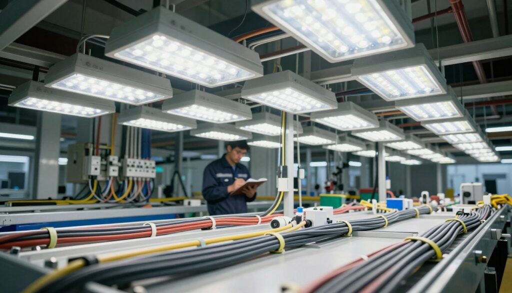 A well-organized cable management setup in a modern factory environment, showcasing a variety of LED high-bay lights installed overhead. In the foreground, neatly arranged cables on cable trays, with some wires secured using cable ties. In the middle ground, an industrial electrician assessing the setup, dressed in professional work attire, taking notes. The background reveals brightly lit high-bay LED lights illuminating the space, casting a clean, crisp light that highlights the structured arrangement of cables and electrical components. The scene is captured from a slightly low angle to emphasize the height of the high-bay lights and create a sense of depth. The atmosphere conveys professionalism, efficiency, and a commitment to quality in electrical infrastructure work. The overall mood is one of productivity and modernization in a bustling factory setting. A well-organized cable management setup in a modern factory environment, showcasing a variety of LED high-bay lights installed overhead. In the foreground, neatly arranged cables on cable trays, with some wires secured using cable ties. In the middle ground, an industrial electrician assessing the setup, dressed in professional work attire, taking notes. The background reveals brightly lit high-bay LED lights illuminating the space, casting a clean, crisp light that highlights the structured arrangement of cables and electrical components. The scene is captured from a slightly low angle to emphasize the height of the high-bay lights and create a sense of depth. The atmosphere conveys professionalism, efficiency, and a commitment to quality in electrical infrastructure work. The overall mood is one of productivity and modernization in a bustling factory setting.