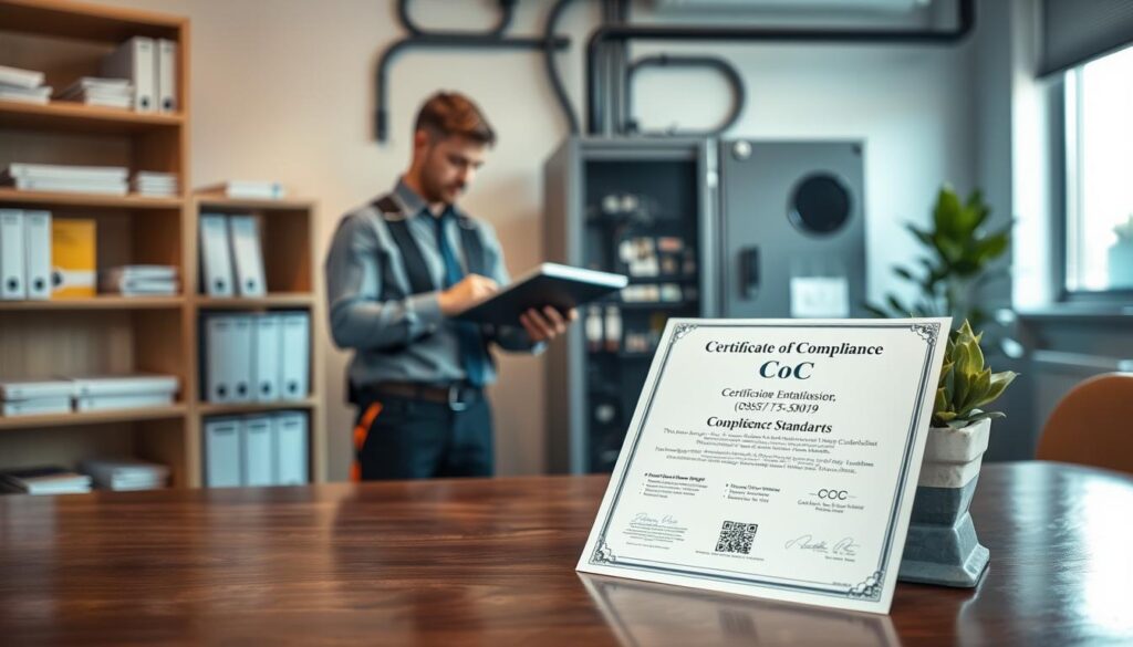 A well-organized office space with a focus on a Certificate of Compliance (CoC) document prominently displayed on a polished wooden table in the foreground. The document features a clear seal and bold text indicating compliance standards. In the middle ground, a professional electrician in smart casual attire examines electrical equipment, demonstrating a commitment to safety. The background showcases a clean, modern office with shelves filled with safety manuals and a small potted plant for a touch of nature. Soft, natural lighting filters through a nearby window, creating a warm and inviting atmosphere. The overall mood conveys professionalism and diligent attention to compliance standards in the electrical industry. A well-organized office space with a focus on a Certificate of Compliance (CoC) document prominently displayed on a polished wooden table in the foreground. The document features a clear seal and bold text indicating compliance standards. In the middle ground, a professional electrician in smart casual attire examines electrical equipment, demonstrating a commitment to safety. The background showcases a clean, modern office with shelves filled with safety manuals and a small potted plant for a touch of nature. Soft, natural lighting filters through a nearby window, creating a warm and inviting atmosphere. The overall mood conveys professionalism and diligent attention to compliance standards in the electrical industry.