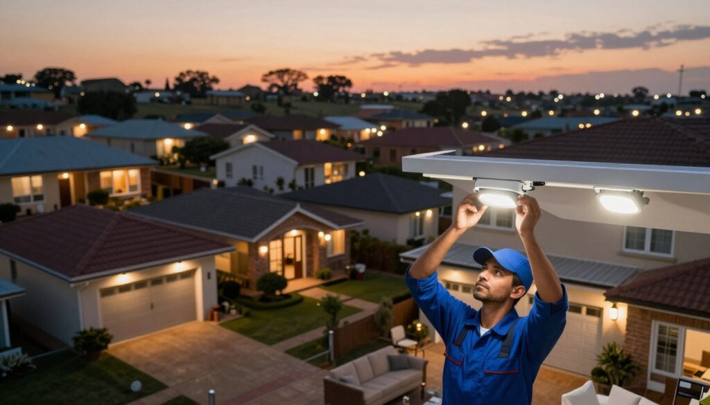 Aerial view of a vibrant Pretoria suburb, showcasing a collection of residential homes with brightly lit LED downlights illuminating their exteriors at dusk. In the foreground, a professional technician in a blue uniform meticulously installs a downlight in a cozy living room, demonstrating detailed workmanship. The middle ground features a visually engaging layout of a variety of homes, showcasing different architectural styles, each adorned with sleek downlights. In the background, soft hues of sunset blend with the silhouettes of trees, creating an inviting atmosphere. The image should evoke a sense of professionalism and community, with warm, welcoming lighting highlighting the benefits of LED installations. Use a shallow depth of field to emphasize the technician’s work while keeping the suburban setting in soft focus. Aerial view of a vibrant Pretoria suburb, showcasing a collection of residential homes with brightly lit LED downlights illuminating their exteriors at dusk. In the foreground, a professional technician in a blue uniform meticulously installs a downlight in a cozy living room, demonstrating detailed workmanship. The middle ground features a visually engaging layout of a variety of homes, showcasing different architectural styles, each adorned with sleek downlights. In the background, soft hues of sunset blend with the silhouettes of trees, creating an inviting atmosphere. The image should evoke a sense of professionalism and community, with warm, welcoming lighting highlighting the benefits of LED installations. Use a shallow depth of field to emphasize the technician’s work while keeping the suburban setting in soft focus.